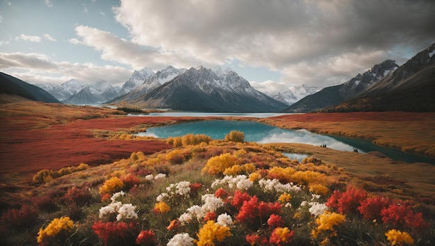 Zdjęcie poranny spokój spokojny i spokojny krajobraz z kolorowymi roślinami kwitnącymi na jesiennej wsi