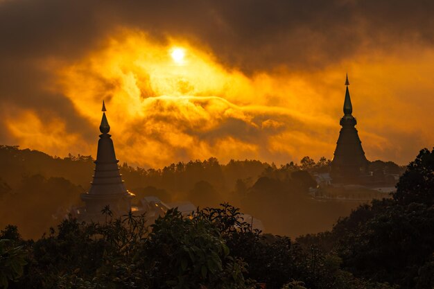 Zdjęcie poranny wschód słońca na górze doi inthanon w chiang mai w tajlandii