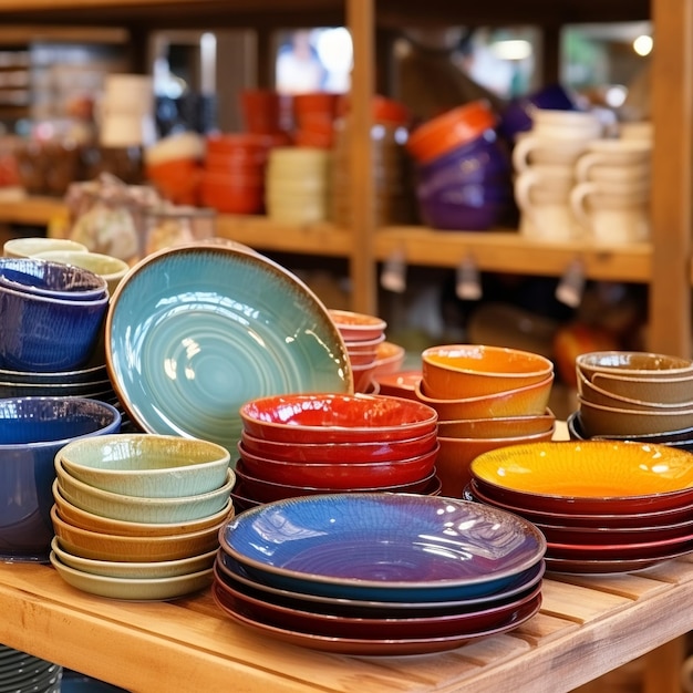 porcelanowa ceramiczna ręcznie robiona kolorowa zastawa stołowa na ladzie w sklepie