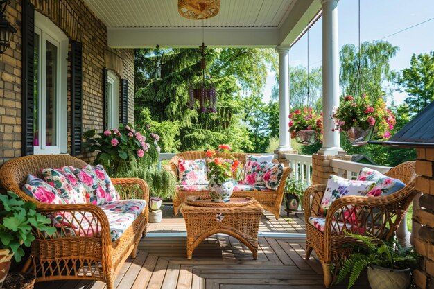 porch pokryty araffem z meblami i kwiatami generatywnymi ai