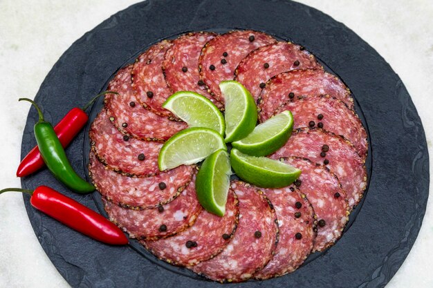 Porcja Salami Na Czarnej Kamiennej Płycie