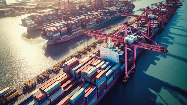 Port wysyłkowy tętni życiem, ponieważ dźwigi wieżowe pracują niestrudzenie, ładując kontenery na gigantyczne statki towarowe Wygenerowane przez AI