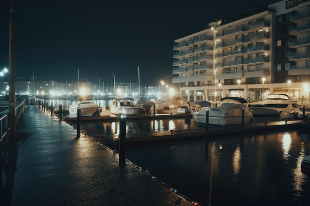 Port z żaglówkami i budynkami nocą stworzony przy użyciu technologii generatywnej AI