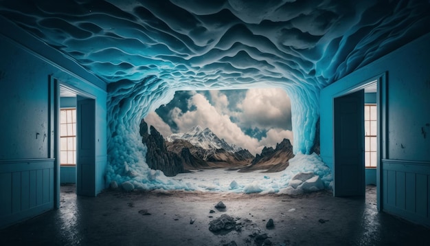 Portal do jaskini lodowej z pokoju w domu z widokiem