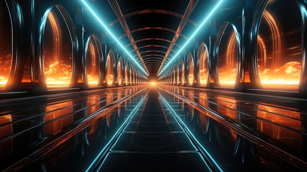 Portal pięknych neonów ze świecącymi pomarańczowymi liniami na tle tunelu