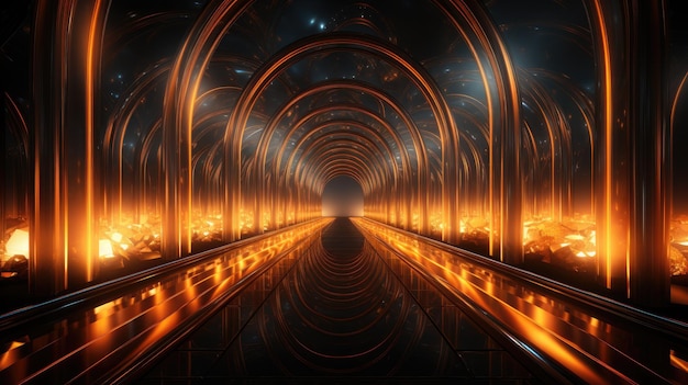 Zdjęcie portal pięknych neonów ze świecącymi pomarańczowymi liniami na tle tunelu