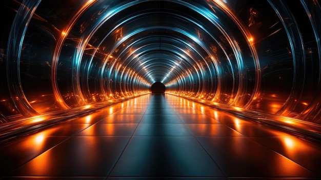 Portal pięknych neonów ze świecącymi pomarańczowymi liniami na tle tunelu
