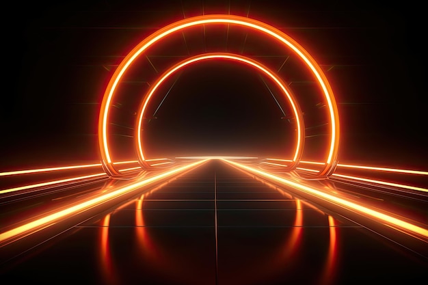 Portal pięknych neonów ze świecącymi pomarańczowymi liniami w tunelu