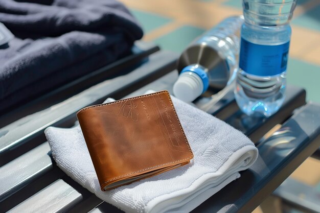 Zdjęcie portfel na ławce sportowej z butelką wody i ręcznikiem