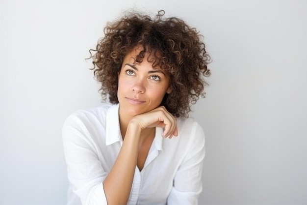 Zdjęcie portrait of young curly woman thinking and looks left