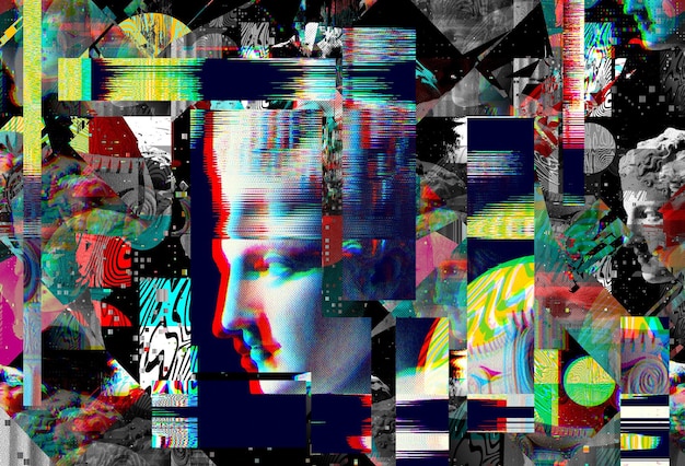 Portret 3D antycznej rzeźby z efektem glitch Styl Cyberpunk Konceptualna choroba sztucznej inteligencji Wirtualna rzeczywistość Systemy głębokiego uczenia i podejrzeń