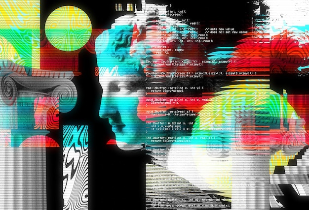 Portret 3D antycznej rzeźby z efektem glitch Styl Cyberpunk Konceptualna choroba sztucznej inteligencji Wirtualna rzeczywistość Systemy głębokiego uczenia i podejrzeń