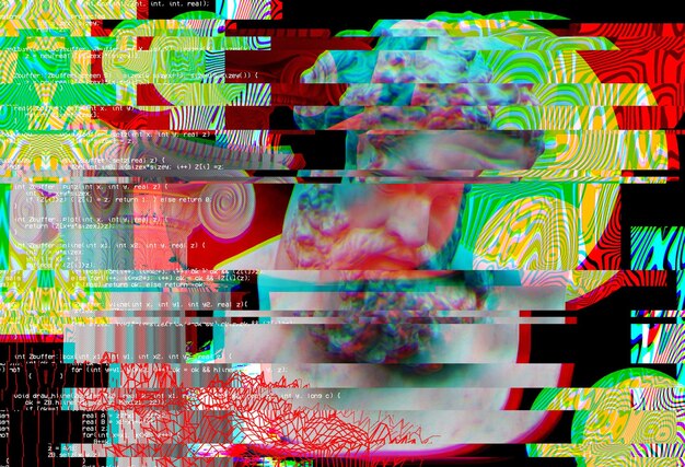 Portret 3D antycznej rzeźby z efektem glitch Styl Cyberpunk Konceptualna choroba sztucznej inteligencji Wirtualna rzeczywistość Systemy głębokiego uczenia i podejrzeń