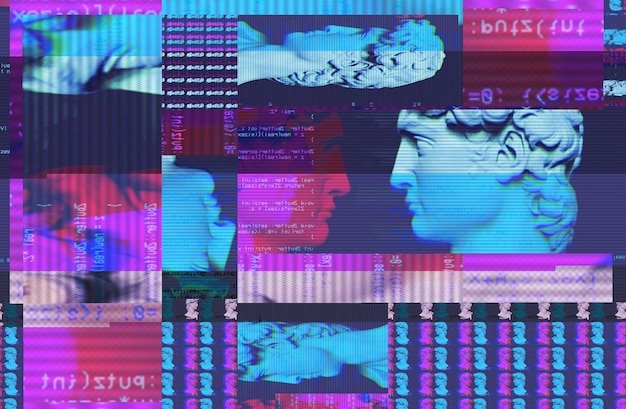 Portret 3D antycznej rzeźby z efektem glitch Styl Cyberpunk Konceptualna choroba sztucznej inteligencji Wirtualna rzeczywistość Systemy głębokiego uczenia i podejrzeń