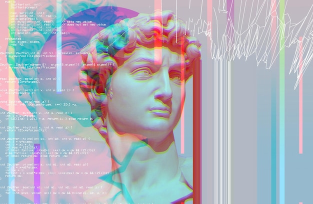 Portret 3D antycznej rzeźby z efektem glitch Styl Cyberpunk Konceptualna choroba sztucznej inteligencji Wirtualna rzeczywistość Systemy głębokiego uczenia i podejrzeń