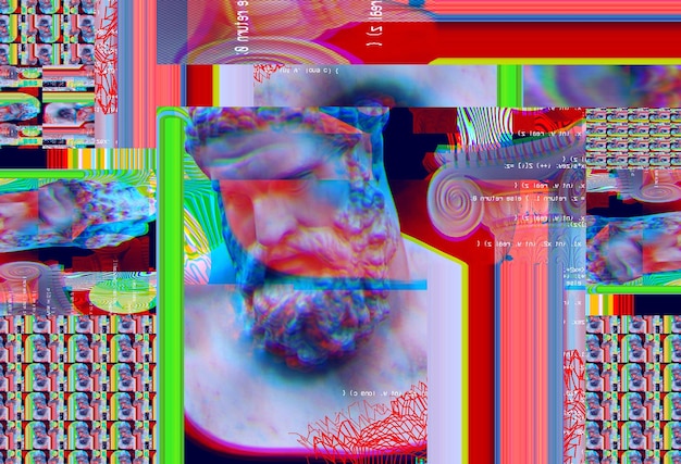 Portret 3D antycznej rzeźby z efektem glitch Styl Cyberpunk Konceptualna choroba sztucznej inteligencji Wirtualna rzeczywistość Systemy głębokiego uczenia i podejrzeń