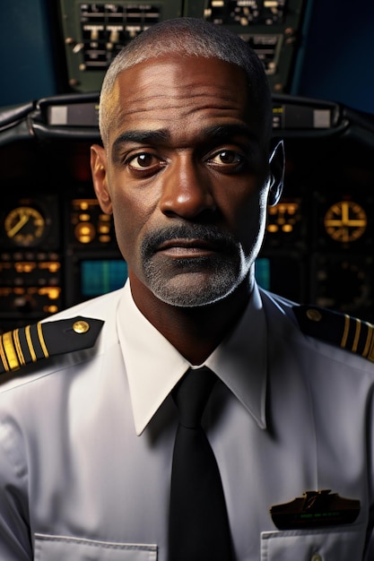 Portret afroamerykańskiego pilota w kokpicie komercyjnego samolotu pasażerskiego