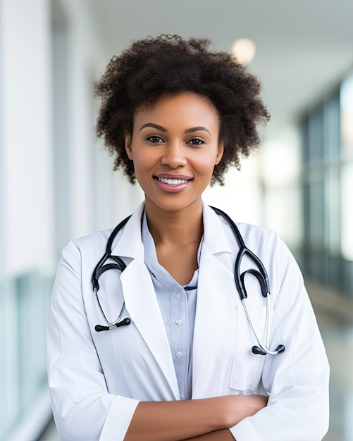 Portret afroamerykańskiej lekarki stojącej w szpitalu