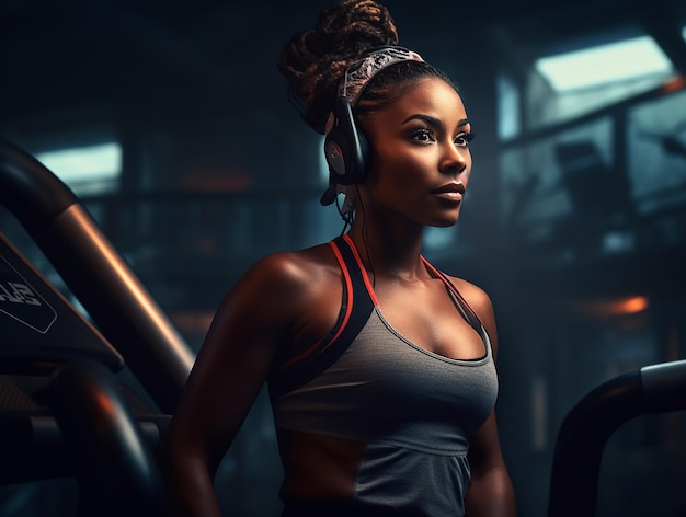 Portret afroamerykańskiej sportowki w siłowni w ciemnych kolorach na bieżni