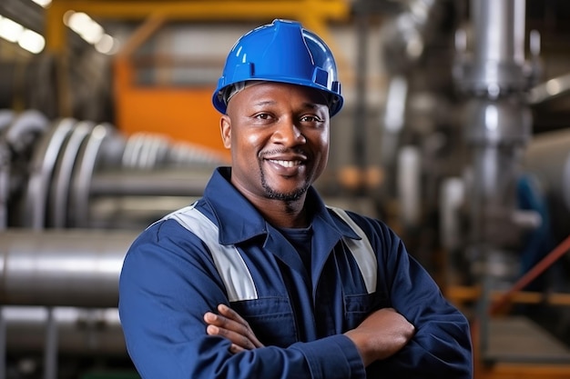 Portret afrykańskich zawodowych inżynierów przemysłu ciężkiego w średnim wieku, pracowników zakładów przemysłu chemicznego w ubraniach roboczych w fabryce z rurami i maszynami w kolorze granatowym