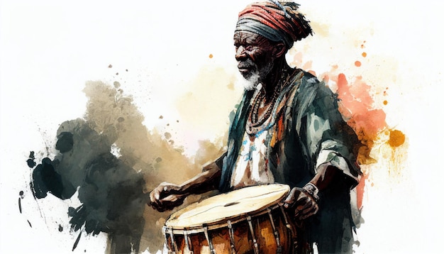 Portret afrykańskiego perkusisty w akwarelowym stylu autorstwa Generative AI