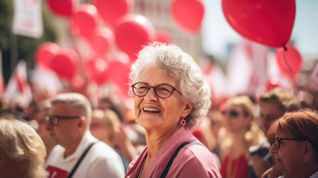 Portret aktywistki stojącej w tłumie kobiet podczas demonstracji na rzecz praw kobiet