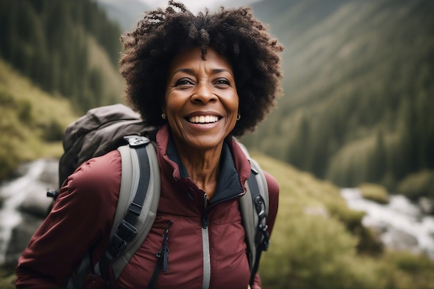 Portret aktywnej zdrowej kobiety turysty w górach