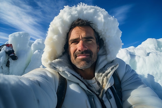 Zdjęcie portret alpinisty w górach w zimie