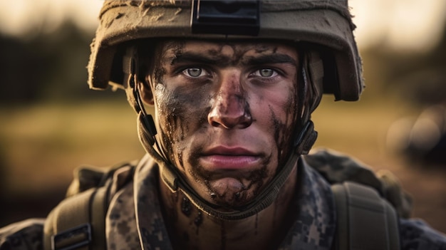 Portret amerykańskiego żołnierza patrzącego na kamerę