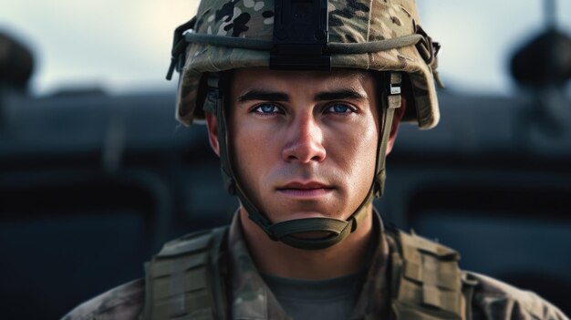 Portret amerykańskiego żołnierza patrzącego na strzał w głowę kamery