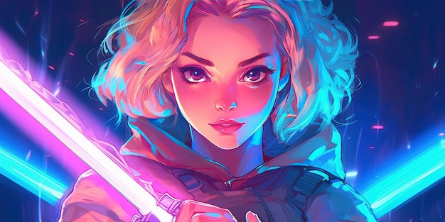 Portret anime cyber dziewcząt z ogromnym mieczem świetlnym Ilustracja w wektorze filmu w stylu retro