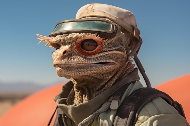 Portret antropomorficznej jaszczurki w czapce z maską ochronną Desert Dweller Concept