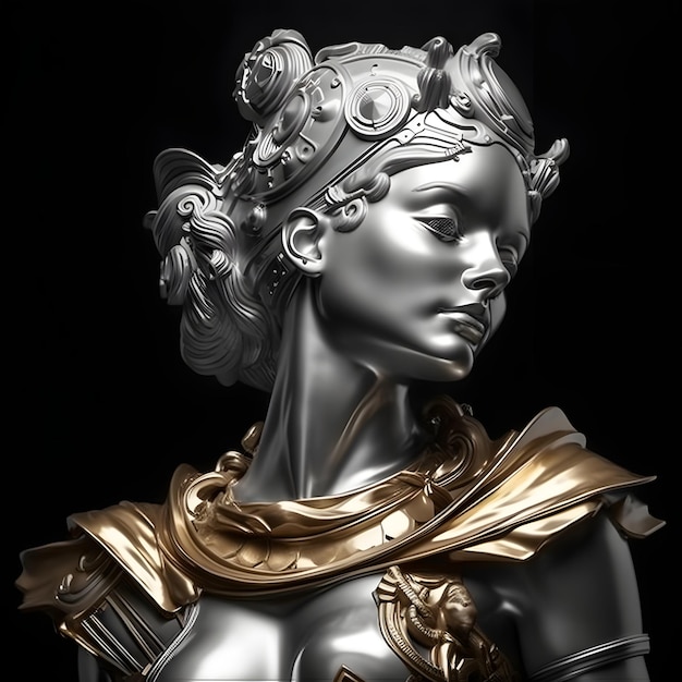 portret antycznej statuy dziewczyny w czarno-białych pięknych ciałach cyborga złote elementy