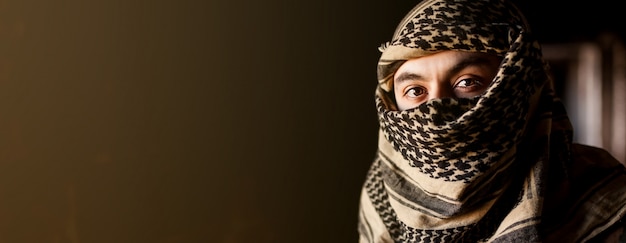 Portret arabski mężczyzna w keffiyeh na twarzy. Muzułmanin o smutnej twarzy w wojskowej kurtce i nakryciu głowy narodowego kefija na czarnym tle