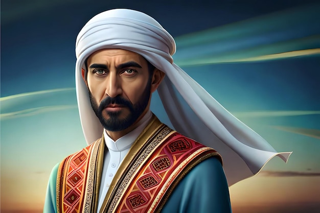 Portret arabskich mężczyzn z kreskówek 3D w arabskich ubraniach z wyrazem twarzy