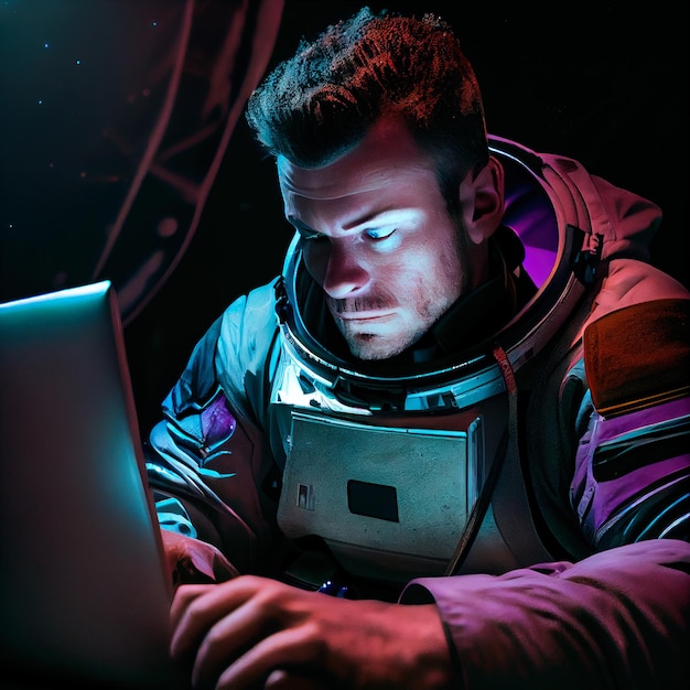 Portret astronauty w skafandrze pracującego na laptopie Astronauta hightech z przyszłości