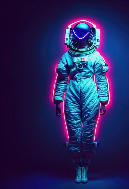 Portret astronauty w świetle neonów w skafandrze kosmicznym. Zaawansowany technologicznie astronauta z przyszłości