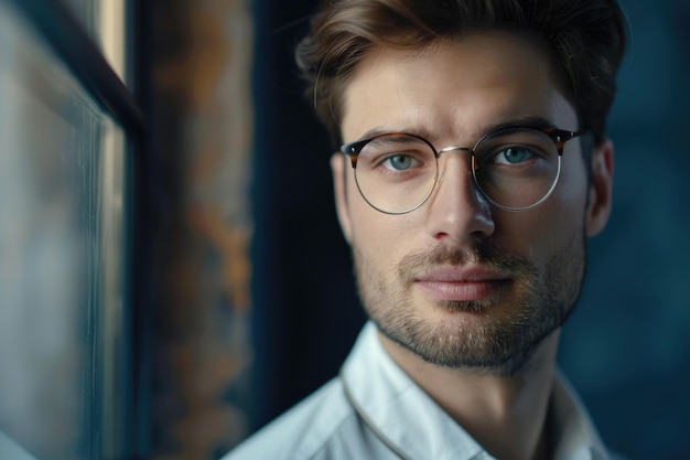 Zdjęcie portret atrakcyjnego biznesmena w okularach patrzącego na biznesmena z kamerą