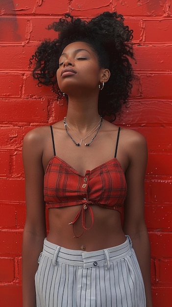 Portret atrakcyjnej afrykańskiej kobiety na tle czerwonej ceglanej ściany