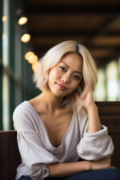 Portret atrakcyjnej azjatyckiej kobiety z blond włosami relaksująca