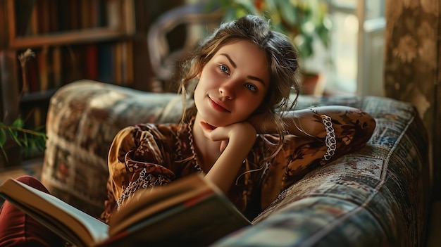 Portret atrakcyjnej kobiety w salonie czytającej książki Generacyjna sztuczna inteligencja
