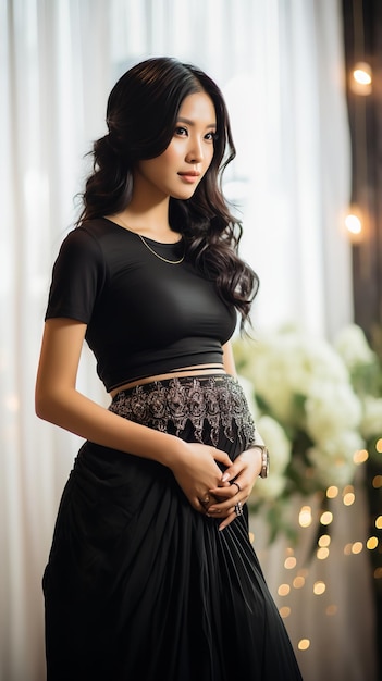 Portret atrakcyjnej koreańskiej kobiety w ciąży noszącej czarne topy na czystym tle Generatywna sztuczna inteligencja
