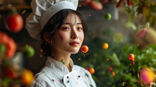 Portret atrakcyjnej koreańskiej szefowej kuchni w kuchni i mnóstwo warzyw lata z przestrzenią kopiowania Generatywna sztuczna inteligencja