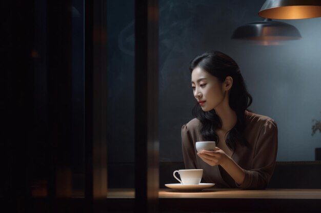 Portret atrakcyjnej młodej azjatyckiej kobiety pijącej kawę