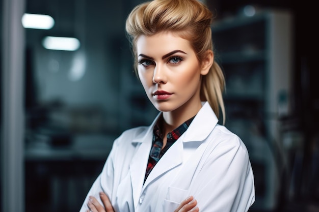 Portret atrakcyjnej młodej kobiety-naukowca stojącej w swoim laboratorium, stworzony za pomocą generatywnej sztucznej inteligencji