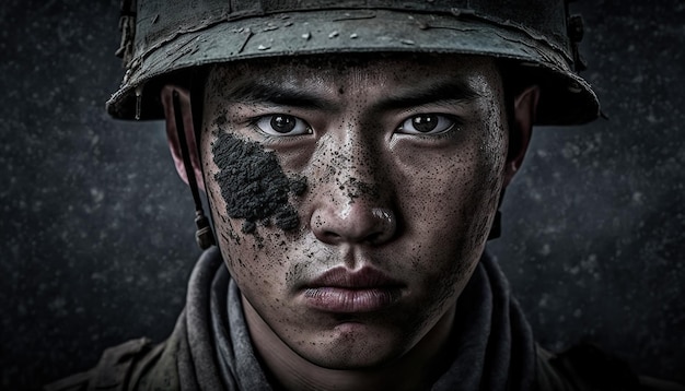 Portret azjatyckiego żołnierza w wojnie Generatywna ilustracja AI