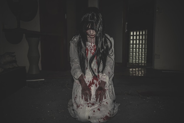 Portret azjatyckiej kobiety z makijażem ducha Straszna scena horroru na tle Koncepcja festiwalu Halloween Plakat filmów o duchach