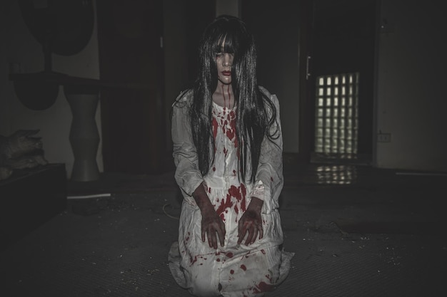Portret azjatyckiej kobiety z makijażem ducha Straszna scena horroru na tle Koncepcja festiwalu Halloween Plakat filmów o duchach