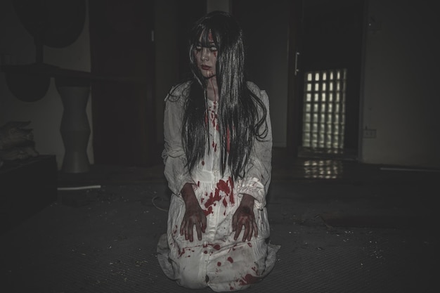 Portret azjatyckiej kobiety z makijażem ducha Straszna scena horroru na tle Koncepcja festiwalu Halloween Plakat filmów o duchach