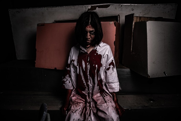 Portret azjatyckiej kobiety z makijażem na twarz ducha Scena horroru Straszne tło Plakat Halloween